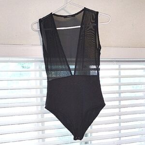 Forever 21 Woman's Black Plunging V Neck Sheer Mesh Bodysuit High Waist, Size: S